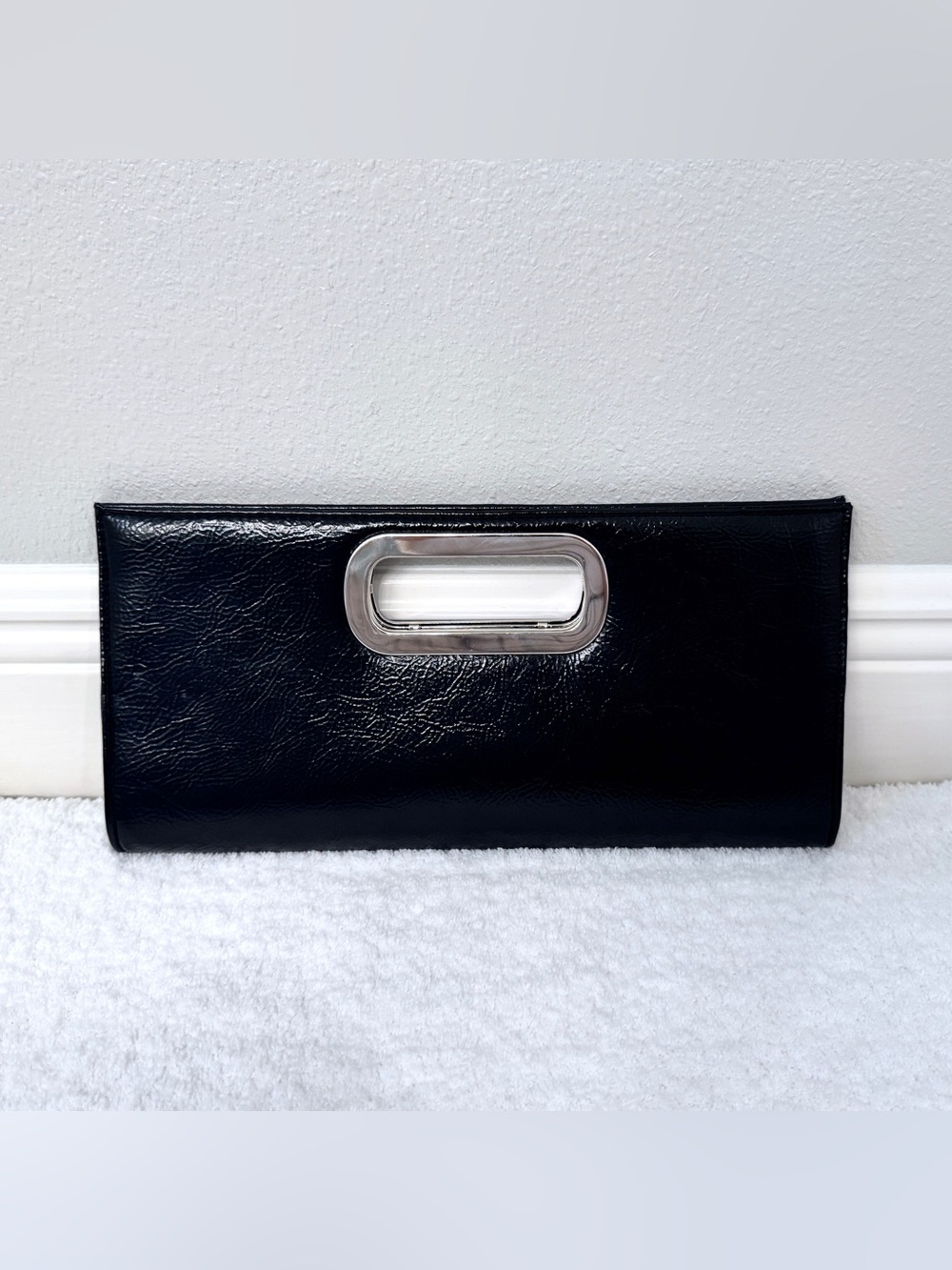 GIANNINI Faux Black Patent Leather and Silver Tone Clutch